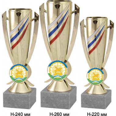 Комплект кубков №1195-5229 (Башкирия, высота 26, 24, 22 см (Три кубка плюс три жетона для вклейки)) (Размер табличек: 65x35 мм, 55x15 мм, 55x15 мм)