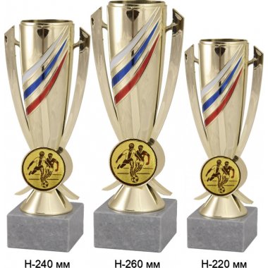 Комплект кубков №73-5229 (Футбол, высота 26, 24, 22 см (Три кубка плюс три жетона для вклейки)) (Размер табличек: 65x35 мм, 55x15 мм, 55x15 мм)
