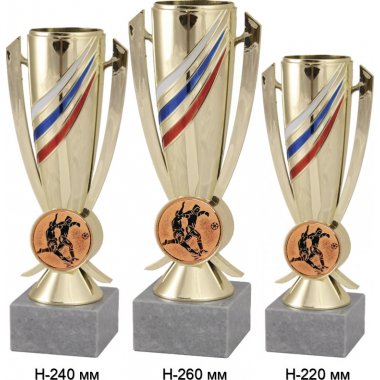 Комплект кубков №74-5229 (Футбол, высота 26, 24, 22 см (Три кубка плюс три жетона для вклейки)) (Размер табличек: 65x35 мм, 55x15 мм, 55x15 мм)