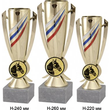 Комплект кубков №956-5229 (Конный спорт, высота 26, 24, 22 см (Три кубка плюс три жетона для вклейки)) (Размер табличек: 65x35 мм, 55x15 мм, 55x15 мм)
