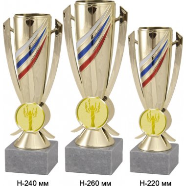 Комплект кубков №975-5229 (Ника, высота 26, 24, 22 см (Три кубка плюс три жетона для вклейки)) (Размер табличек: 65x35 мм, 55x15 мм, 55x15 мм)
