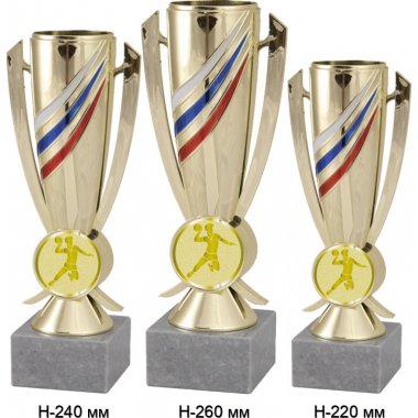 Комплект кубков №981-5229 (Гандбол, высота 26, 24, 22 см (Три кубка плюс три жетона для вклейки)) (Размер табличек: 65x35 мм, 55x15 мм, 55x15 мм)