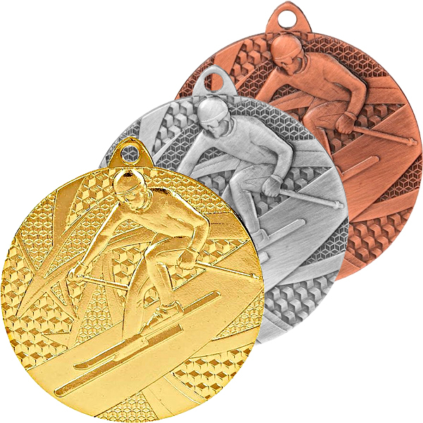 Комплект медалей №169 (Горные лыжи, диаметр 50 мм, металл, золото, серебро, бронза. Место для вставок: обратная сторона диаметр 45 мм)
