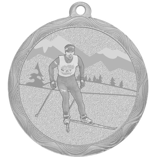 Медаль №2221 (Беговые лыжи, диаметр 50 мм, металл, цвет серебро. Место для вставок: обратная сторона диаметр 45 мм)