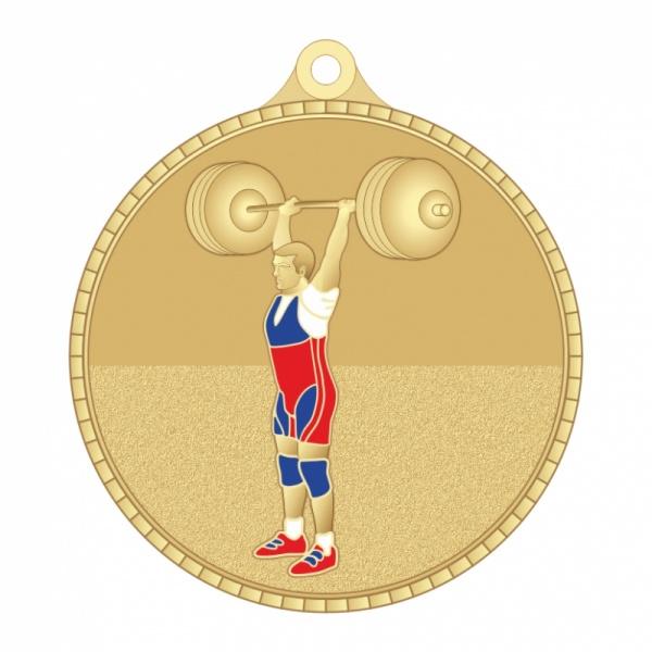 Медаль №3281 (Тяжелая атлетика, диаметр 55 мм, металл, цвет золото. Место для вставок: обратная сторона диаметр 40 мм)