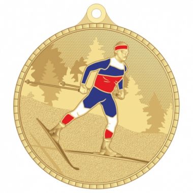 Медаль №3670 (Беговые лыжи, диаметр 55 мм, металл, цвет золото)