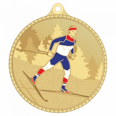 Медаль №3628 (Беговые лыжи, диаметр 55 мм, металл, цвет золото)