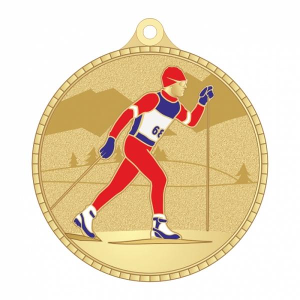 Медаль №3284 (Беговые лыжи, диаметр 55 мм, металл, цвет золото. Место для вставок: обратная сторона диаметр 40 мм)