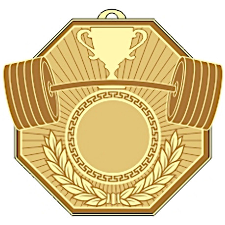 Медаль №2466 (Тяжелая атлетика, размер 71x78 мм, металл, цвет золото. Место для вставок: лицевая диаметр 25 мм, обратная сторона размер по шаблону)