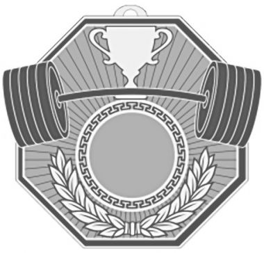 Медаль №2466 (Тяжелая атлетика, размер 71x78 мм, металл, цвет серебро. Место для вставок: лицевая диаметр 25 мм, обратная сторона размер по шаблону)