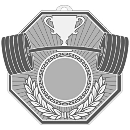 Медаль №2466 (Тяжелая атлетика, размер 71x78 мм, металл, цвет серебро. Место для вставок: лицевая диаметр 25 мм, обратная сторона размер по шаблону)