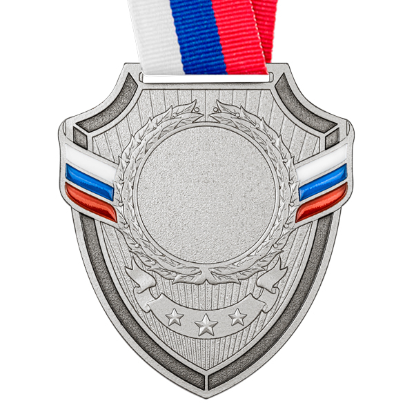Медаль №2315 c лентой (Размер 56x65 мм, металл, цвет серебро. Место для вставок: лицевая диаметр 25 мм, обратная сторона размер по шаблону)
