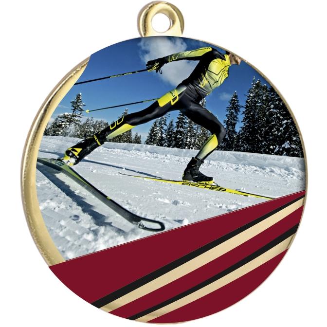 Медаль №2394 (Беговые лыжи, диаметр 70 мм, металл, цвет золото)