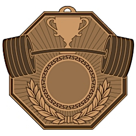 Медаль №2466 (Тяжелая атлетика, размер 71x78 мм, металл, цвет бронза. Место для вставок: лицевая диаметр 25 мм, обратная сторона размер по шаблону)