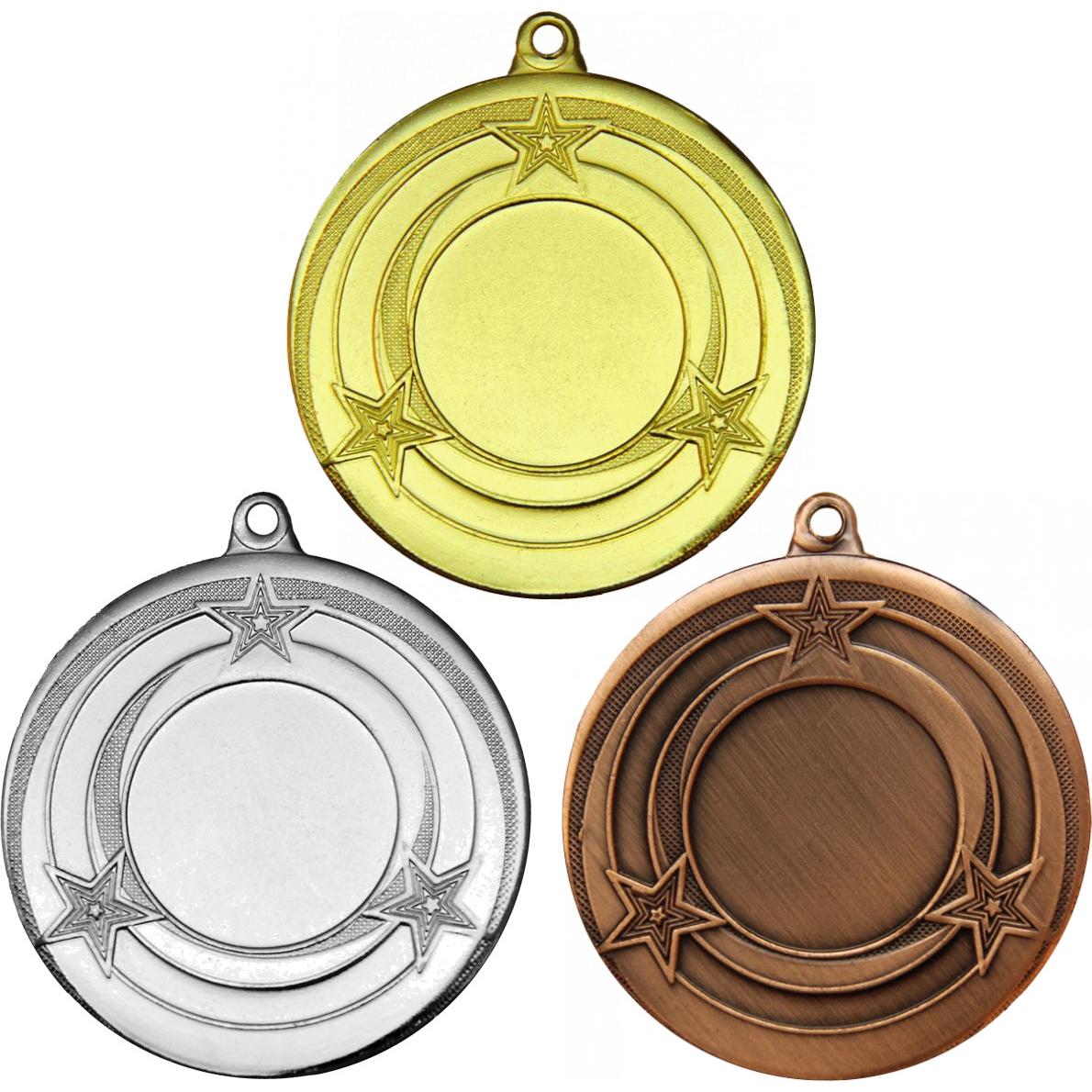 Комплект из трёх медалей №140 (Диаметр 50 мм, металл. Место для вставок: лицевая диаметр 25 мм, обратная сторона диаметр 46 мм)