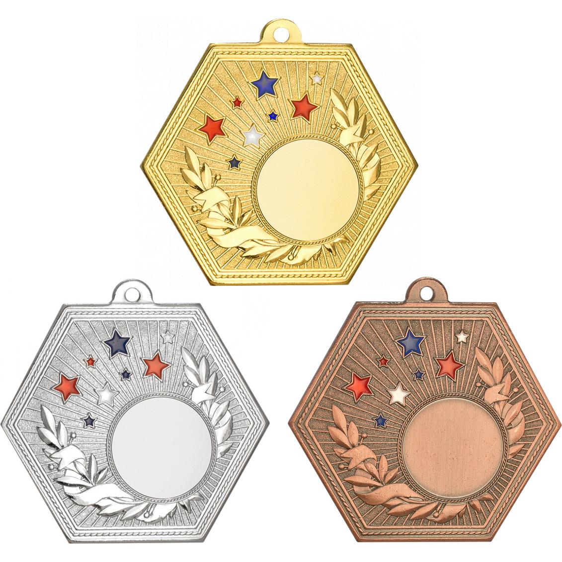 Комплект из трёх медалей №2260 (Диаметр 70 мм, металл. Место для вставок: лицевая диаметр 25 мм, обратная сторона диаметр 50 мм)