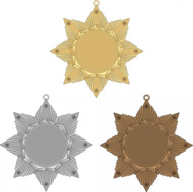 Комплект из трёх медалей №2464 (Размер 60x60 мм, металл. Место для вставок: лицевая диаметр 25 мм, обратная сторона размер по шаблону)