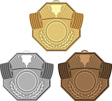 Комплект из трёх медалей №2466 (Тяжелая атлетика, размер 71x78 мм, металл. Место для вставок: лицевая диаметр 25 мм, обратная сторона размер по шаблону)