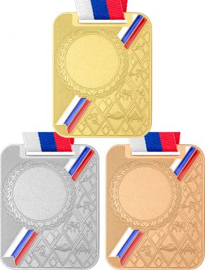 Комплект из трёх медалей №2494 c лентой (Размер 48x65 мм, металл. Место для вставок: лицевая диаметр 25 мм, обратная сторона размер по шаблону)