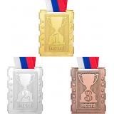 Комплект из трёх медалей №3402 c лентой (1, 2, 3 место, размер 50x65 мм, металл. Место для вставок: обратная сторона размер по шаблону)