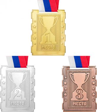 Комплект из трёх медалей №3402 c лентой (1, 2, 3 место, размер 50x65 мм, металл. Место для вставок: обратная сторона размер по шаблону)