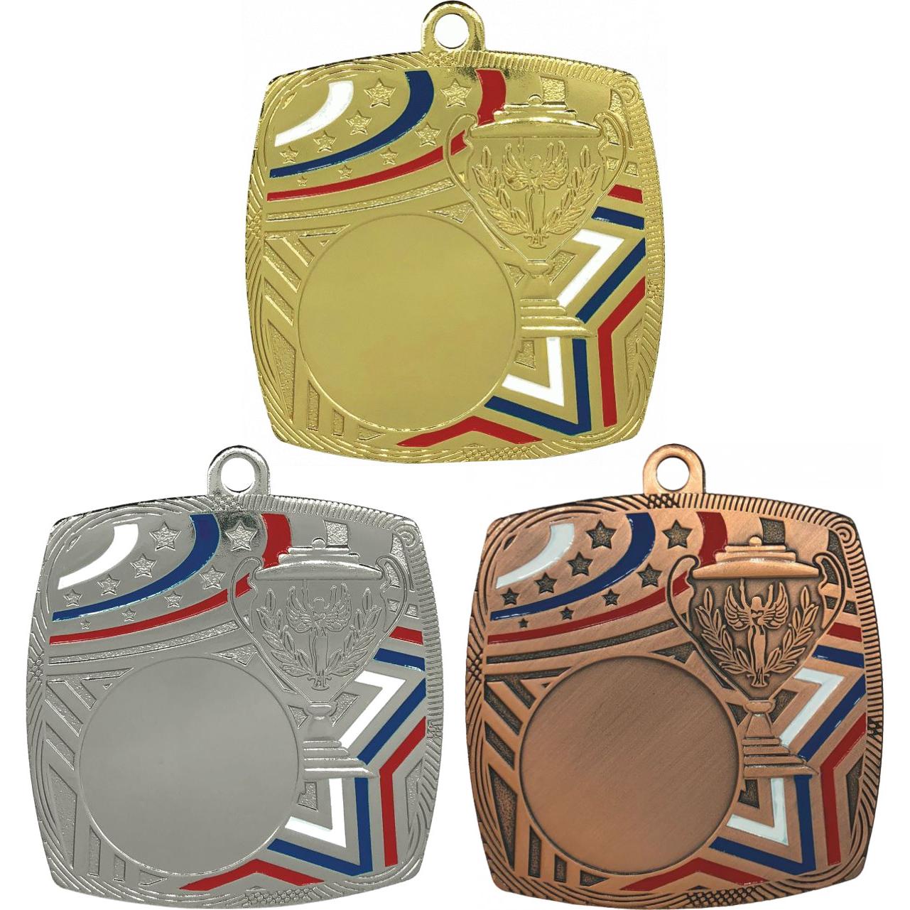 Комплект из трёх медалей №3562 (Размер 50x50 мм, металл. Место для вставок: лицевая диаметр 25 мм, обратная сторона размер по шаблону)