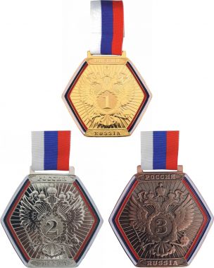 Комплект из трёх медалей №3577 c лентой (1, 2, 3 место, диаметр 80 мм, металл. Место для вставок: обратная сторона размер по шаблону)