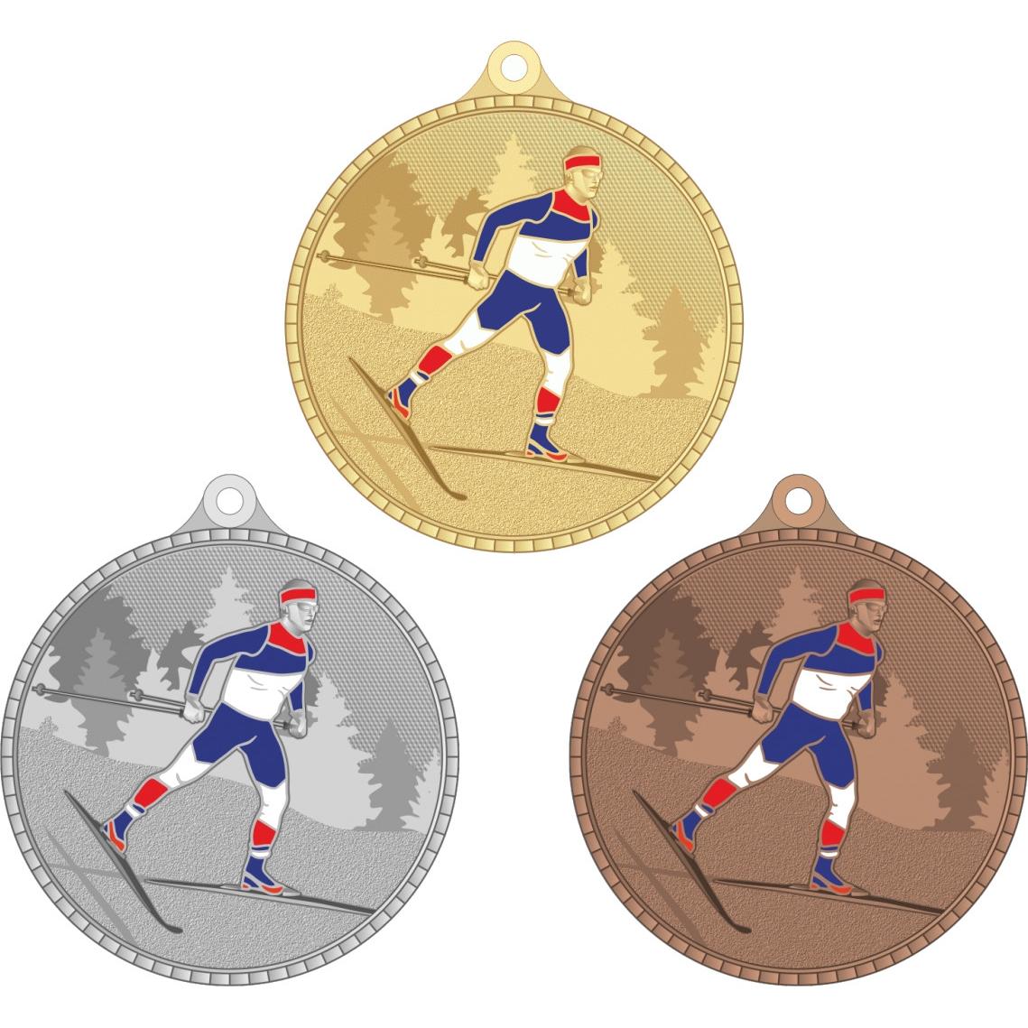 Комплект из трёх медалей №3628 (Беговые лыжи, диаметр 55 мм, металл. Место для вставок: обратная сторона размер по шаблону)