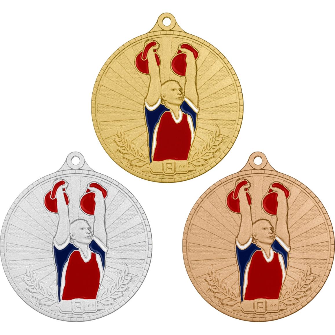 Комплект из трёх медалей №3640 (Гиревой спорт, диаметр 55 мм, металл. Место для вставок: обратная сторона размер по шаблону)