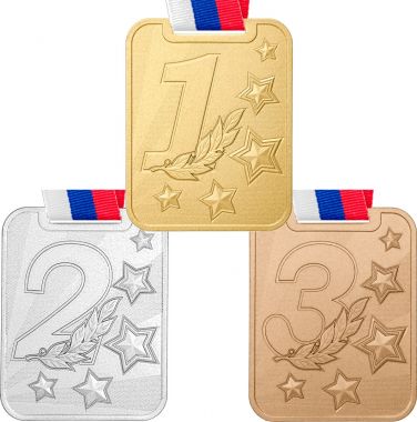 Комплект из трёх медалей №3660 c лентой (1, 2, 3 место, диаметр 70 мм, металл. Место для вставок: обратная сторона размер по шаблону)