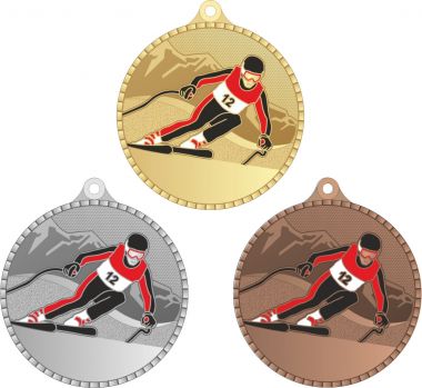 Комплект из трёх медалей №3676 (Горные лыжи, диаметр 55 мм, металл. Место для вставок: обратная сторона размер по шаблону)
