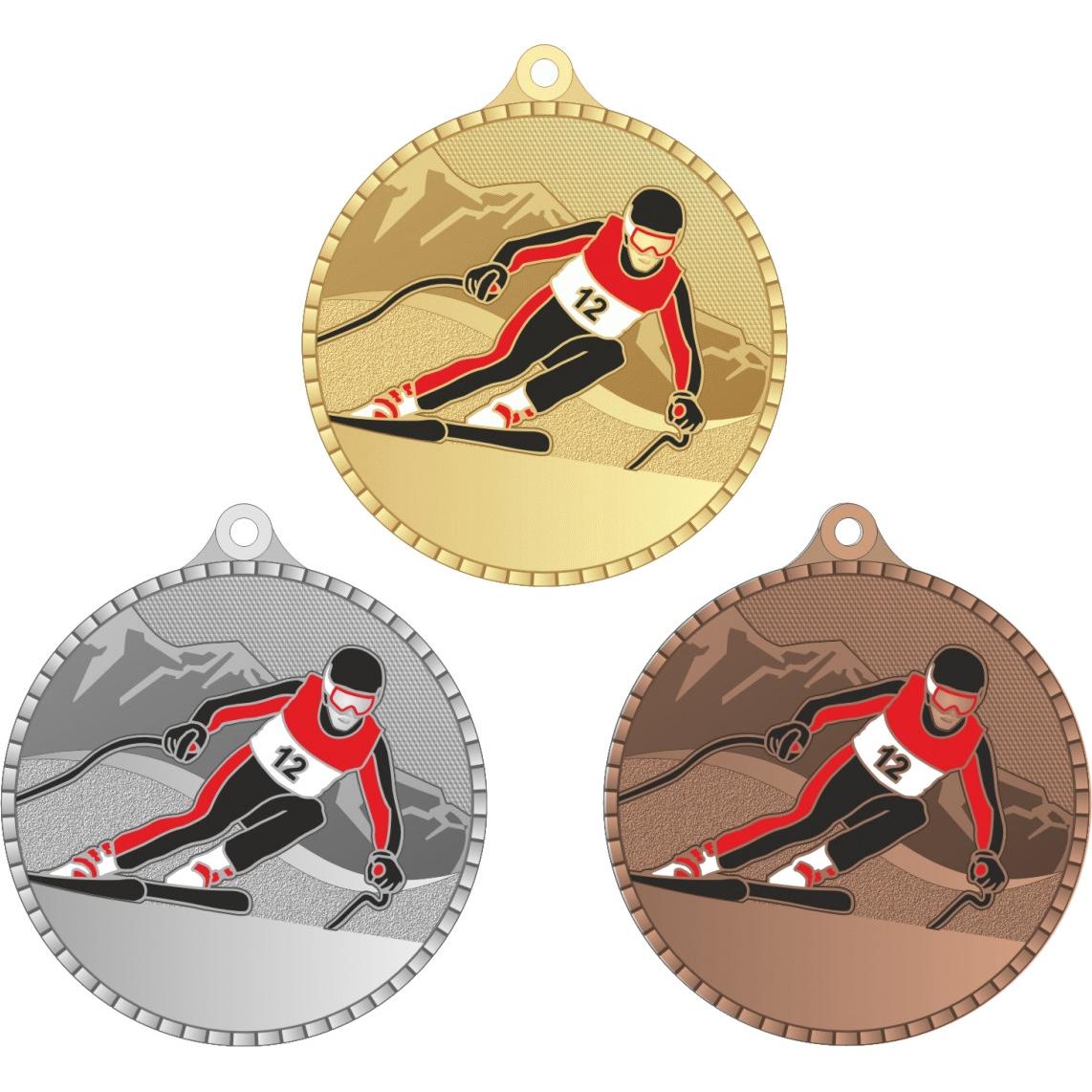 Комплект из трёх медалей №3676 (Горные лыжи, диаметр 55 мм, металл. Место для вставок: обратная сторона размер по шаблону)