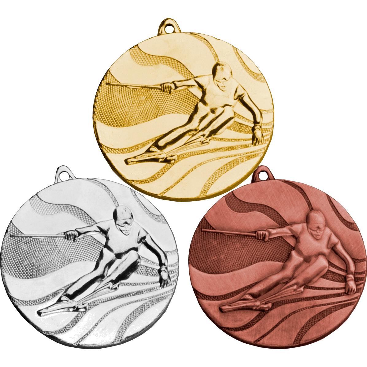Комплект из трёх медалей №98 (Горные лыжи, диаметр 50 мм, металл. Место для вставок: обратная сторона диаметр 46 мм)