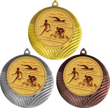 Комплект медалей №1127-8 (Триатлон, диаметр 70 мм (Три медали плюс три жетона для вклейки) Место для вставок: обратная сторона диаметр 64 мм)