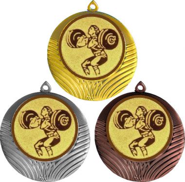 Комплект медалей №1128-1302 (Тяжелая атлетика, диаметр 56 мм (Три медали плюс три жетона для вклейки) Место для вставок: обратная сторона диаметр 50 мм)