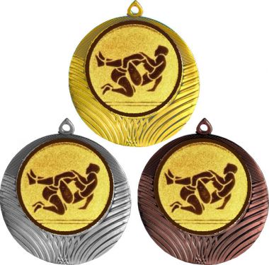 Комплект медалей №1185-1302 (Борьба, диаметр 56 мм (Три медали плюс три жетона для вклейки) Место для вставок: обратная сторона диаметр 50 мм)