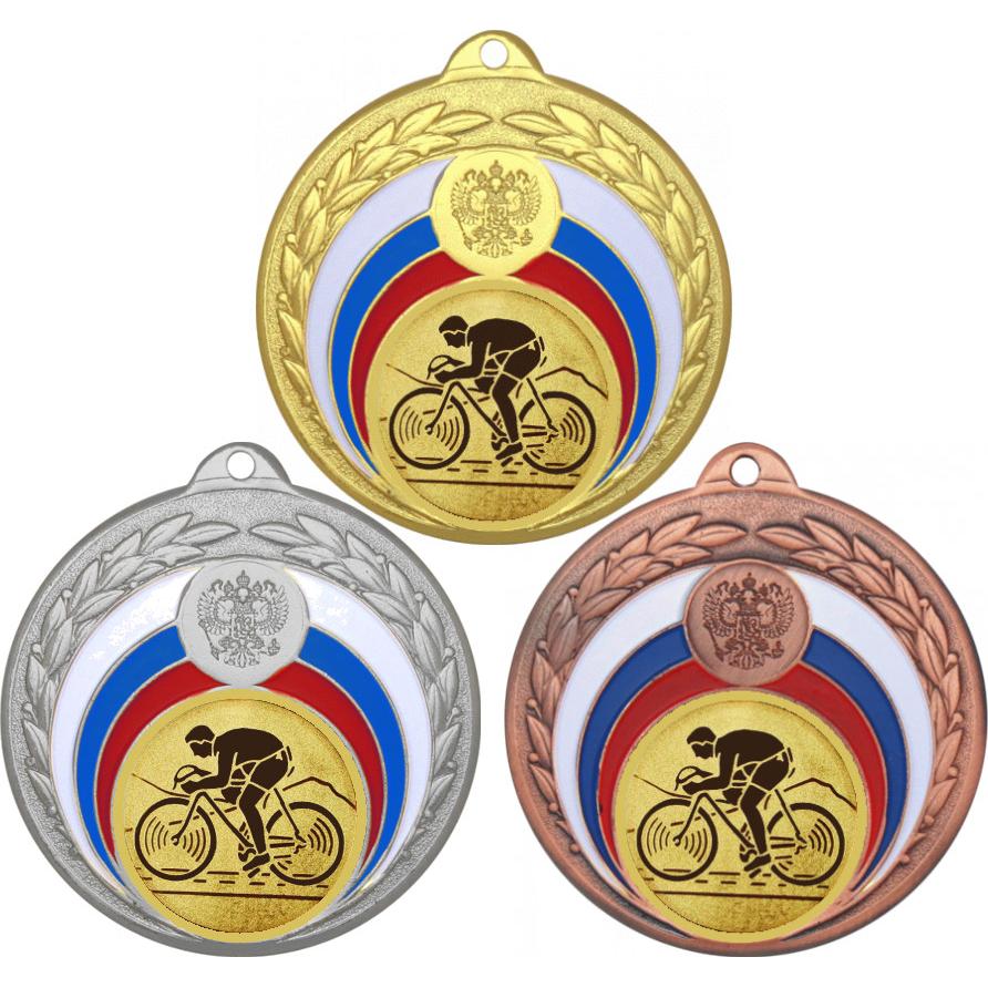Комплект медалей №25-196 (Велогонки, диаметр 50 мм (Три медали плюс три жетона для вклейки) Место для вставок: обратная сторона диаметр 45 мм)
