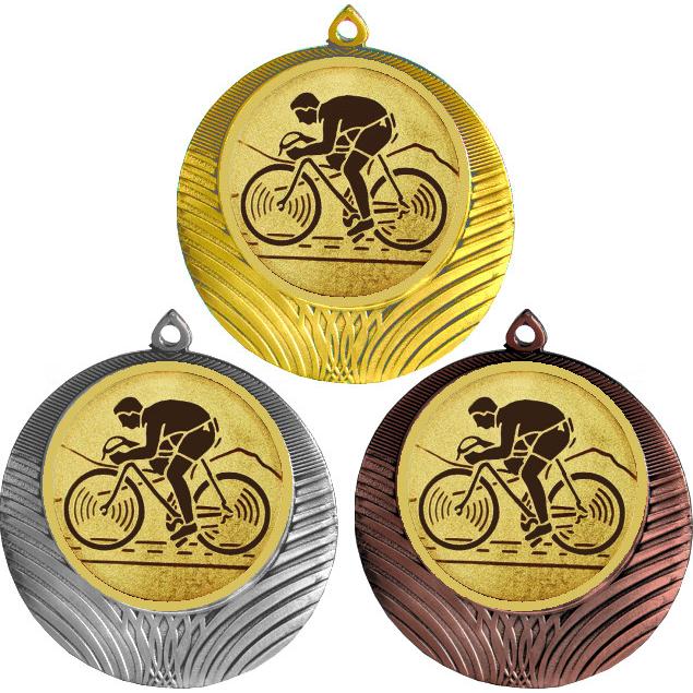 Комплект медалей №25-8 (Велогонки, диаметр 70 мм (Три медали плюс три жетона для вклейки) Место для вставок: обратная сторона диаметр 64 мм)