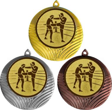 Комплект медалей №40-1302 (Кикбоксинг, диаметр 56 мм (Три медали плюс три жетона для вклейки) Место для вставок: обратная сторона диаметр 50 мм)