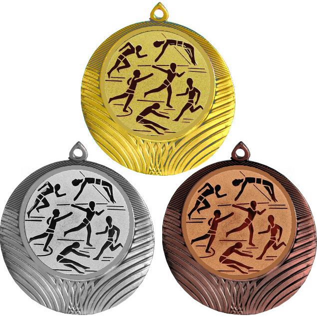 Комплект медалей №45-8 (Лёгкая атлетика, диаметр 70 мм (Три медали плюс три жетона для вклейки) Место для вставок: обратная сторона диаметр 64 мм)
