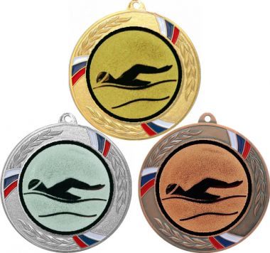 Комплект медалей №55-1285 (Плавание, диаметр 70 мм (Три медали плюс три жетона для вклейки) Место для вставок: обратная сторона диаметр 60 мм)