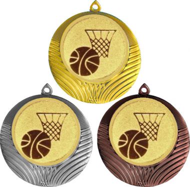Комплект медалей №567-8 (Баскетбол, диаметр 70 мм (Три медали плюс три жетона для вклейки) Место для вставок: обратная сторона диаметр 64 мм)