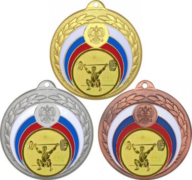 Комплект медалей №574-196 (Тяжелая атлетика, диаметр 50 мм (Три медали плюс три жетона для вклейки) Место для вставок: обратная сторона диаметр 45 мм)