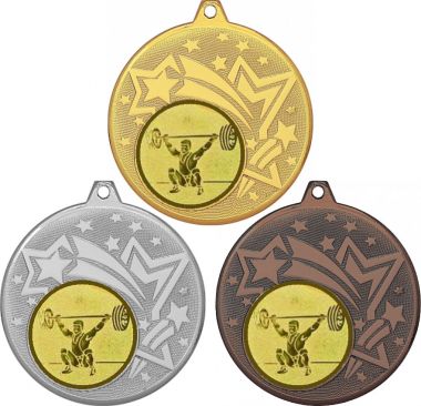 Комплект медалей №574-1274 (Тяжелая атлетика, диаметр 45 мм (Три медали плюс три жетона для вклейки) Место для вставок: обратная сторона диаметр 40 мм)