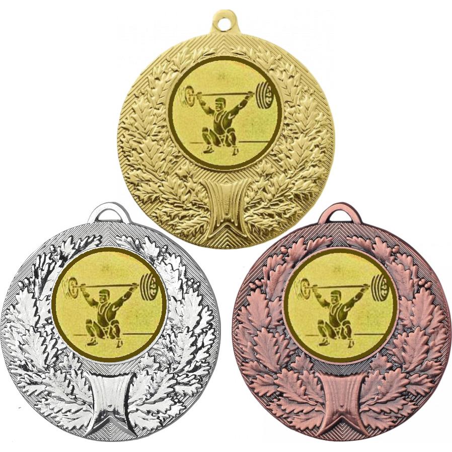 Комплект медалей №574-192 (Тяжелая атлетика, диаметр 50 мм (Три медали плюс три жетона для вклейки) Место для вставок: обратная сторона диаметр 45 мм)