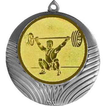 Медаль №574-8 (Тяжелая атлетика, диаметр 70 мм (Медаль цвет серебро плюс жетон для вклейки) Место для вставок: обратная сторона диаметр 64 мм)