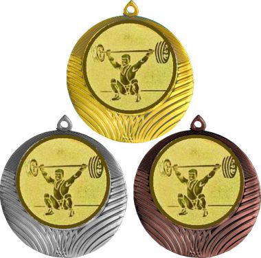 Комплект медалей №574-8 (Тяжелая атлетика, диаметр 70 мм (Три медали плюс три жетона для вклейки) Место для вставок: обратная сторона диаметр 64 мм)