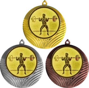Комплект медалей №575-8 (Тяжелая атлетика, диаметр 70 мм (Три медали плюс три жетона для вклейки) Место для вставок: обратная сторона диаметр 64 мм)