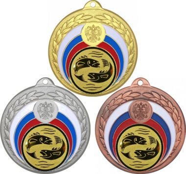 Комплект медалей №64-196 (Рыболовство, диаметр 50 мм (Три медали плюс три жетона для вклейки) Место для вставок: обратная сторона диаметр 45 мм)