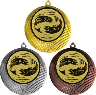 Комплект медалей №64-8 (Рыболовство, диаметр 70 мм (Три медали плюс три жетона для вклейки) Место для вставок: обратная сторона диаметр 64 мм)